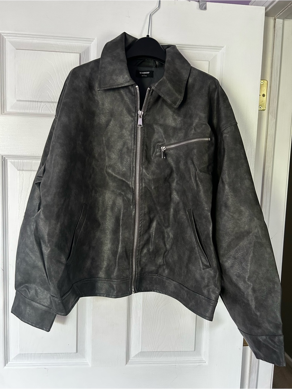 The Workshop Oversized Faux Leather Bomber Jacket Charcoal Black Size L